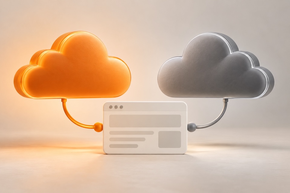 橘色與灰色立體雲朵搭配網頁面板，呈現 Cloudflare 代理與 DNS only 的概念