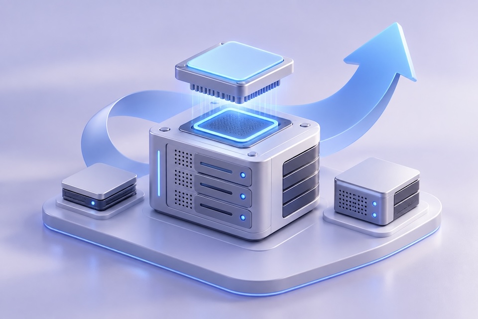 以主機、處理器模組與向上箭頭呈現 WordPress PHP 版本升級的 3D 示意圖